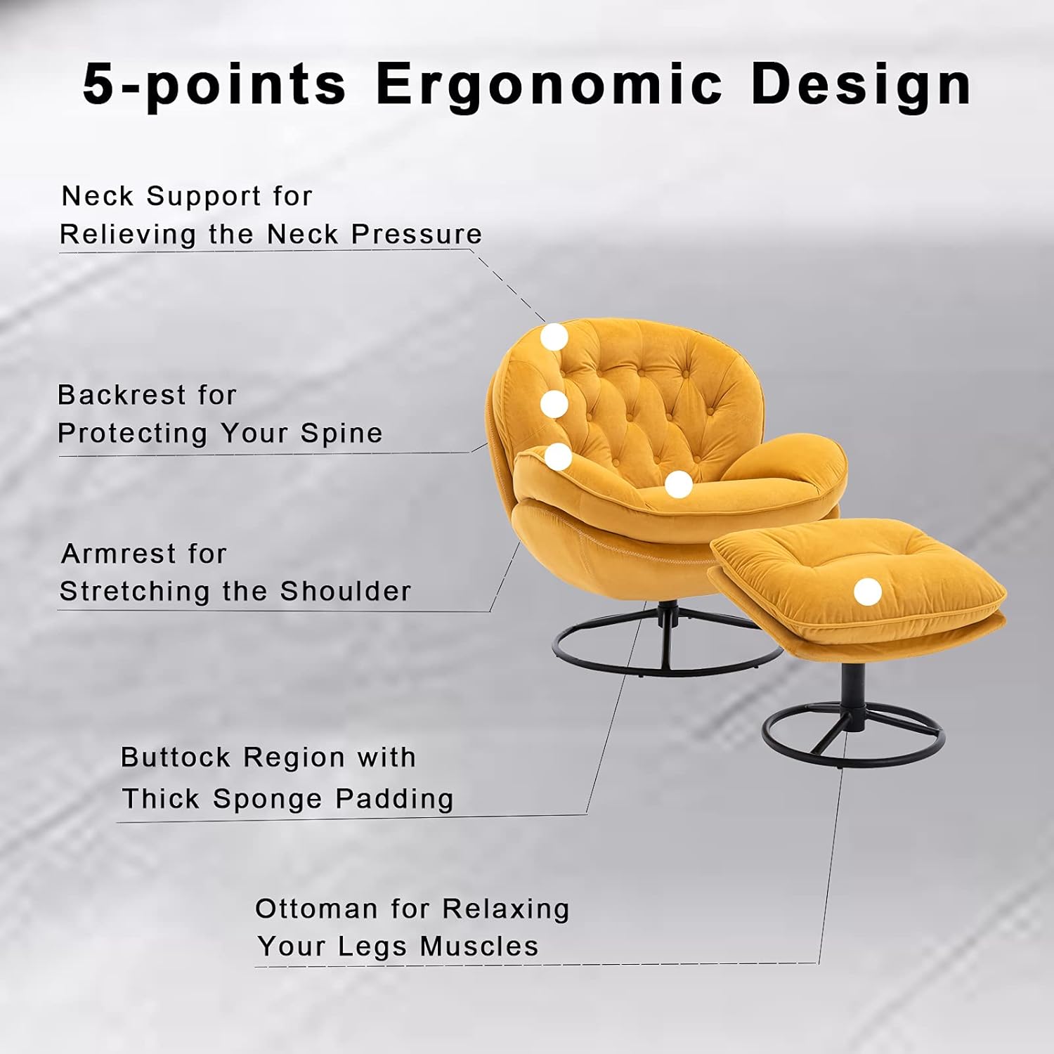 Velvet Swivel Accent Chair with Ottoman Set, Modern Lounge Chair with Footrest, Comfy Armchair with 360 Degree Swiveling for Living Room, Bedroom, Reading Room, Home Office, Metal Base Frame (Yellow) : Home & Kitchen