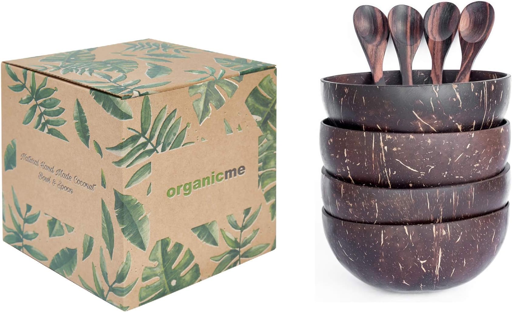 Coconut Bowl and Spoon (Set of 4): New! Eco-Friendly Packaging, 100% Natural Reclaimed Shells, Handmade, Vegan, Organic