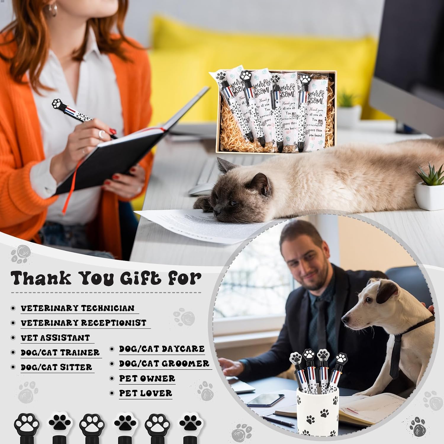 Engrowtic 96 Pcs Veterinary Assistant Week Appreciation Gifts Vet Tech Assistant Gifts 6 in 1 Paw Pens with Thank Cards for Veterinary Student Nurse Graduation School Supplies (Classic Color)