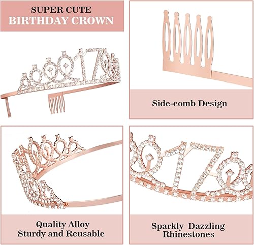 Miniatura 4 de Decoraciones de cumpleaños de 17 años para niñas, que incluyen banda de cumpleaños para niña, corona, velas numéricas y adorno para pastel regalos,