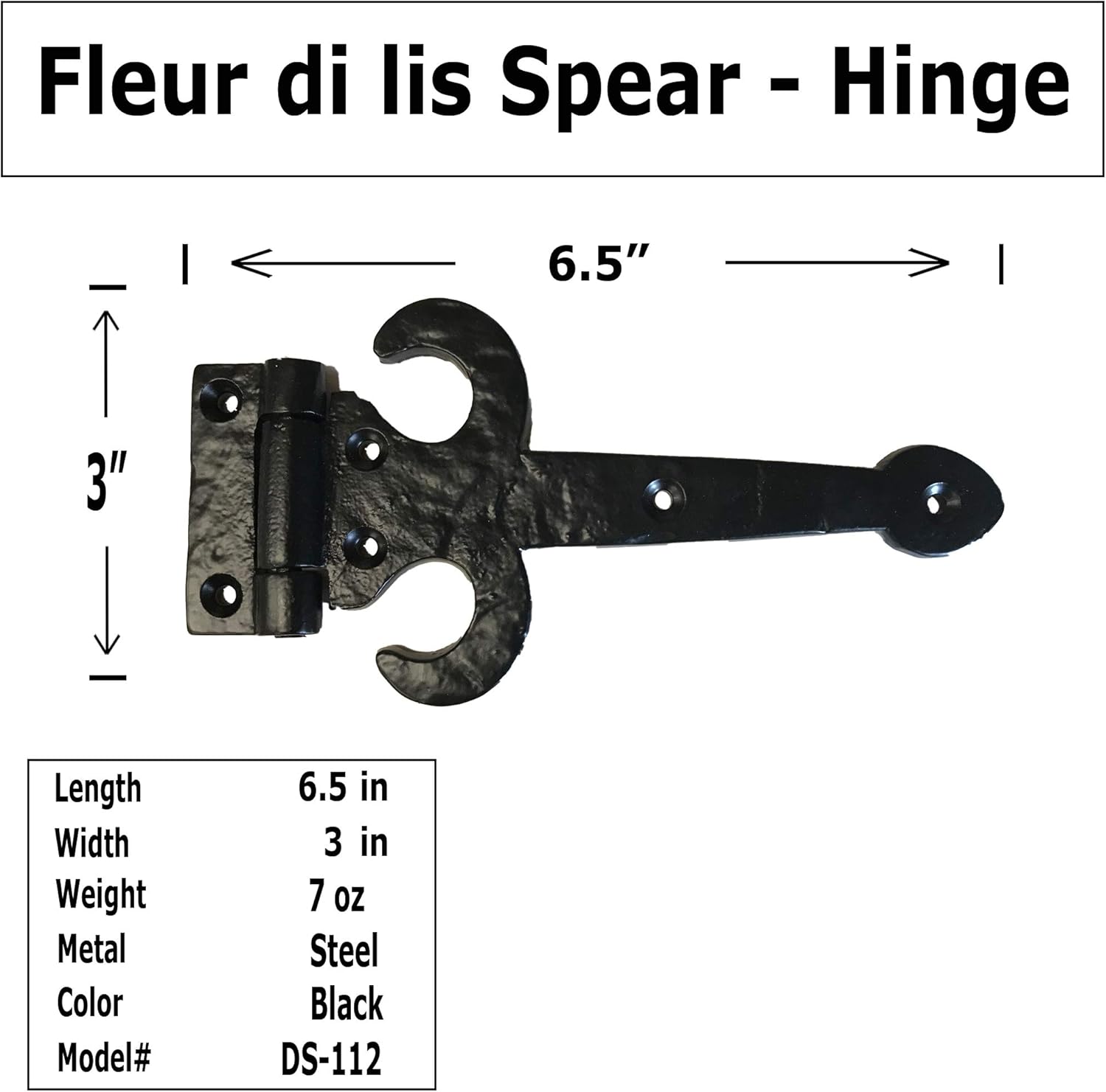 – 6.5” Fleur DI LIS Decorative Antique Style Old World Rustic Strap Hinge Cast Wrought Iron Hammered Forged Vintage Look for cabinets, Garage, Kitchen Doors Black Color - DS112