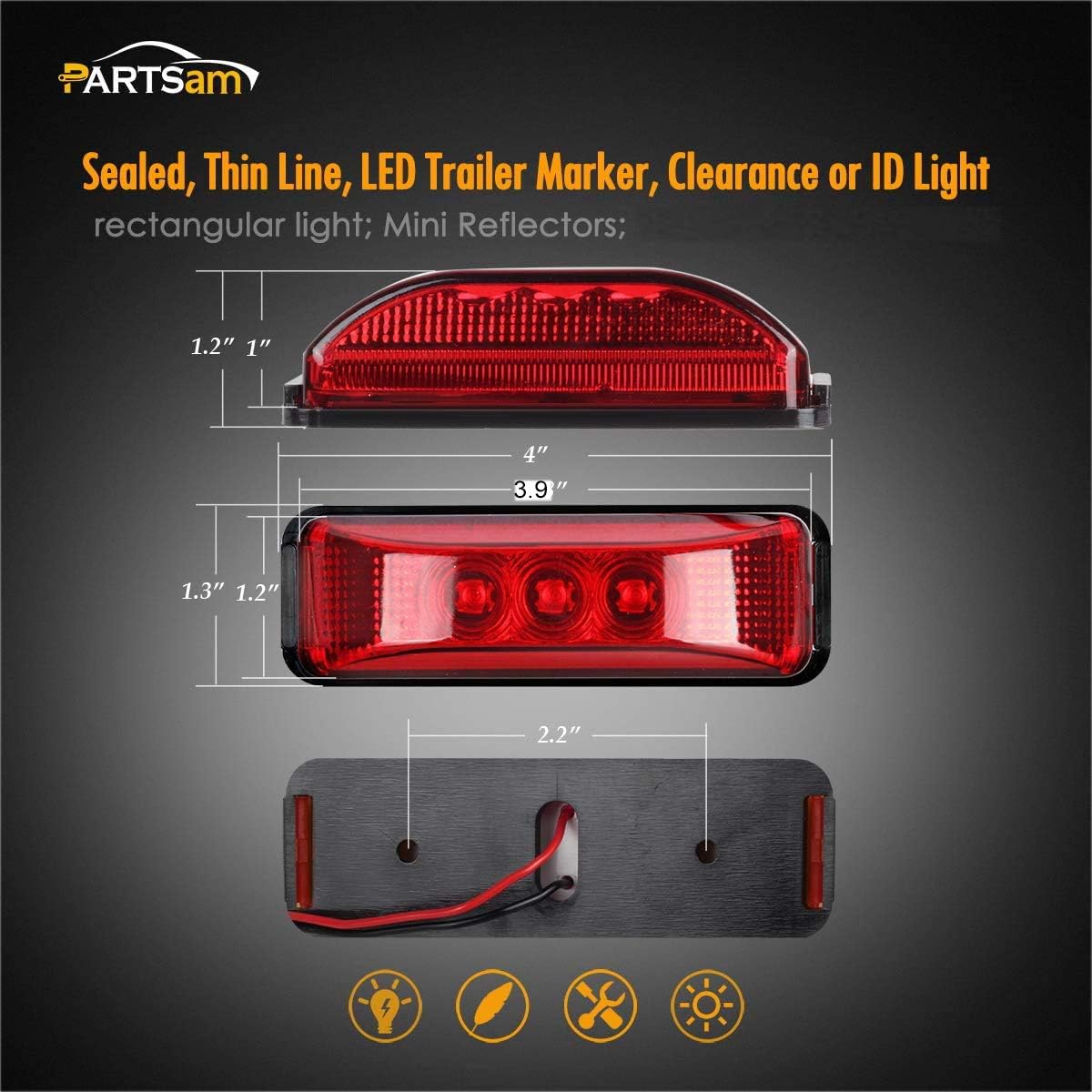 Partsam 12Pcs 3.9" Inch Thin Trailer Led Side Marker and Clearance Lights 3 LED with Reflectors Waterproof Sealed 12V Surface Mount for Truck Trailer Boats, Rectangular (7Red + 5Amber)