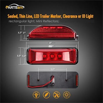 Partsam Pair 3.9 Side Marker & Clearance Light Red Waterproof Black Base Mount 3LED, Sealed Thin Line LED Trailer Marker Clearance or ID Lights w/Miro-Reflectors