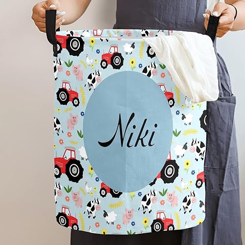 Miniatura 2 de Cesta de lavandería con patrón de tractor de animales de granja, personalizada, con nombre, de lona, impermeable, con asa para niños, cesta de