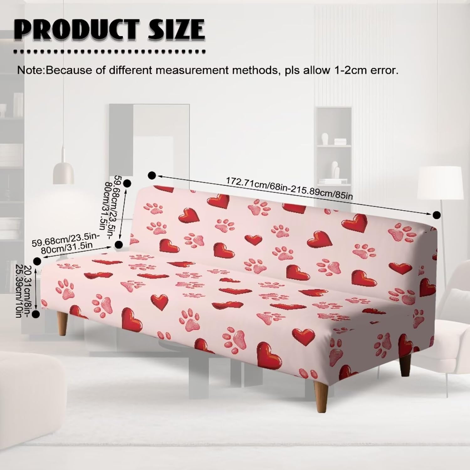 Suobstales Heart Dog Paw Print Armless Futon Cover Washable Sofa Bed Slipcover, Foldable Futon Couch Cover Valentine's Day Decor Removable Furniture Protector with Elastic Bottom