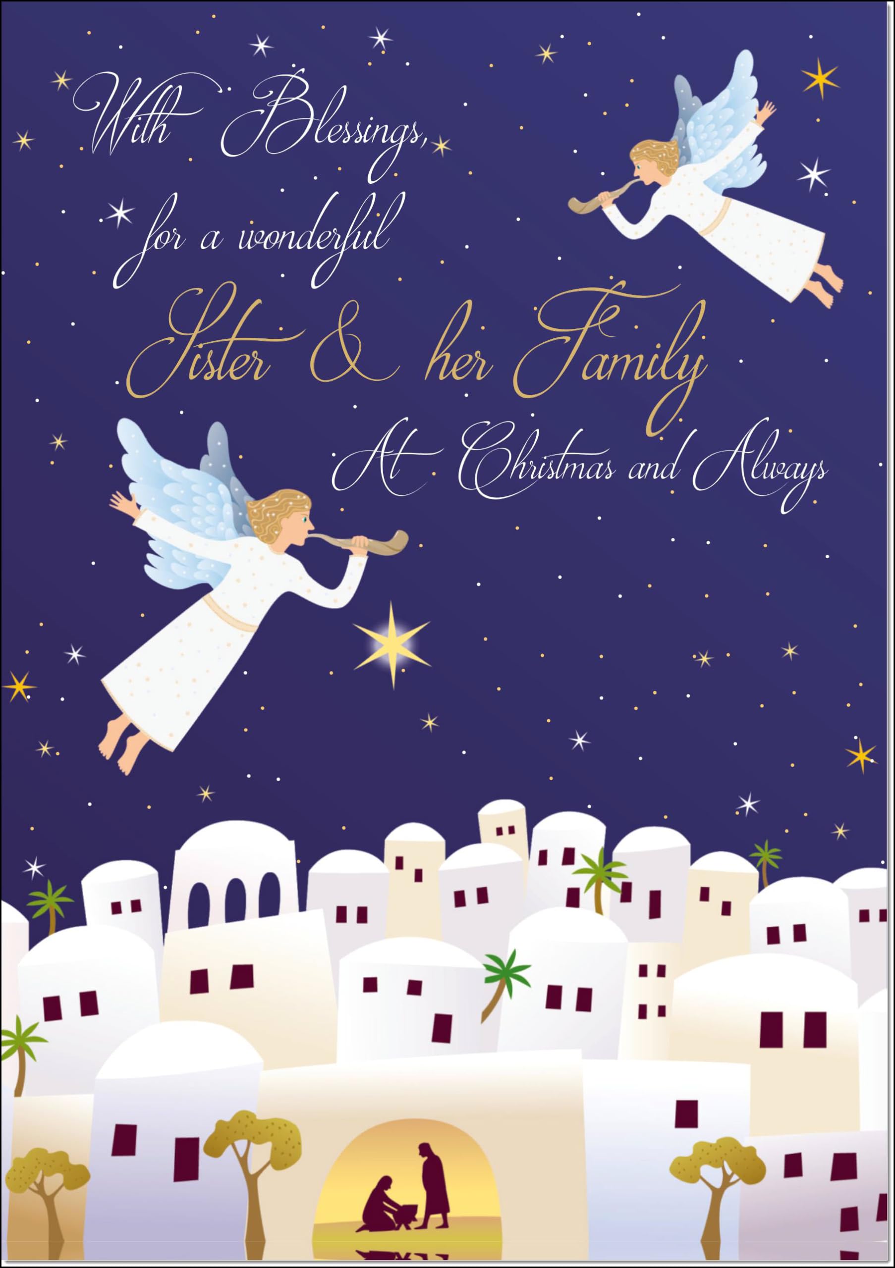 doodlecards Sister and Family Christmas Card Nativity Scene Angels Bethlehem Large A4 Size Christmas Card for Sister & Family with Plain Envelope โ image 1