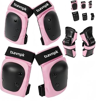 Knee and Elbow Pads Set for Women & Teens Pink Skateboarding Protective Gear with Wrist Guards, Adjustable Skate Pads for Roller Skating, Inline Skating, Cycling S/M/L