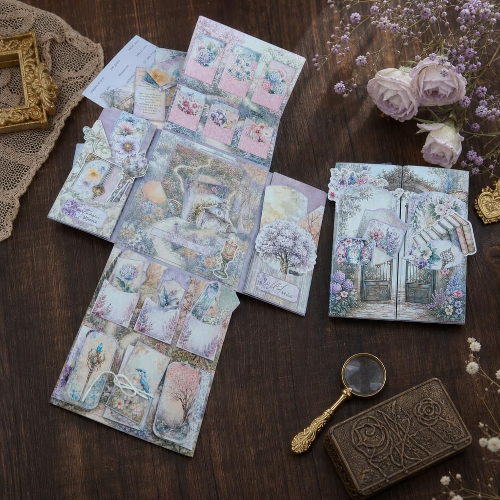 XINPOCUT Purple Secret Garden Junk Journal Folio Booklet Craft Kit, Vintage Scrapbooking Kit, Paper Ephemera for Craft Projects & Junk Journal, Includes Video Tutorial
