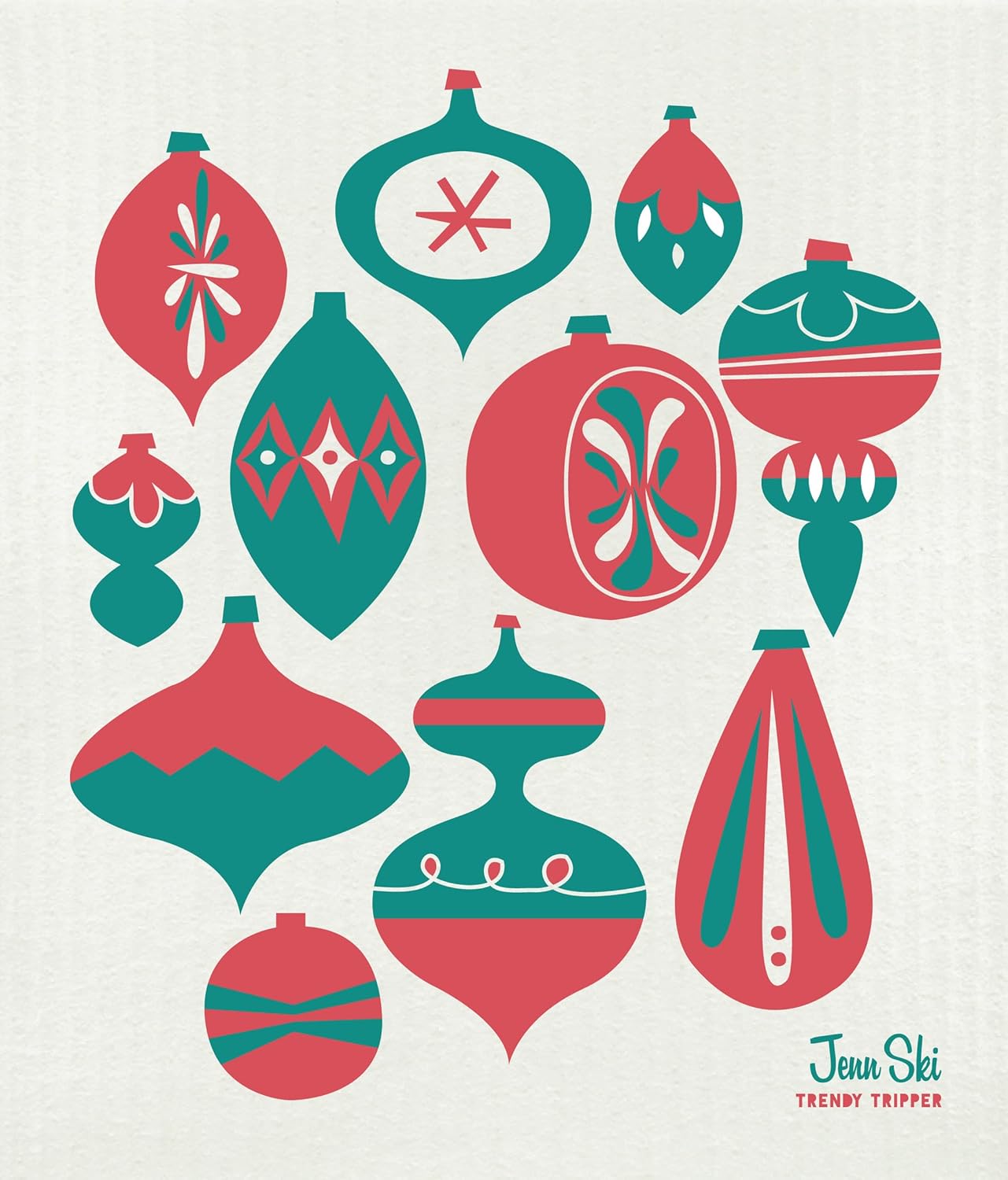 Trendy Tripper Earth-Friendly Reusable Compostable Eco Sponge Cloth | AKA Swedish Dishcloth | Artist Jenn Ski Christmas Holiday Designs 2-Packs (4-Pk Red/Green: Gnome, Tree, Ornaments + Forest, 4)