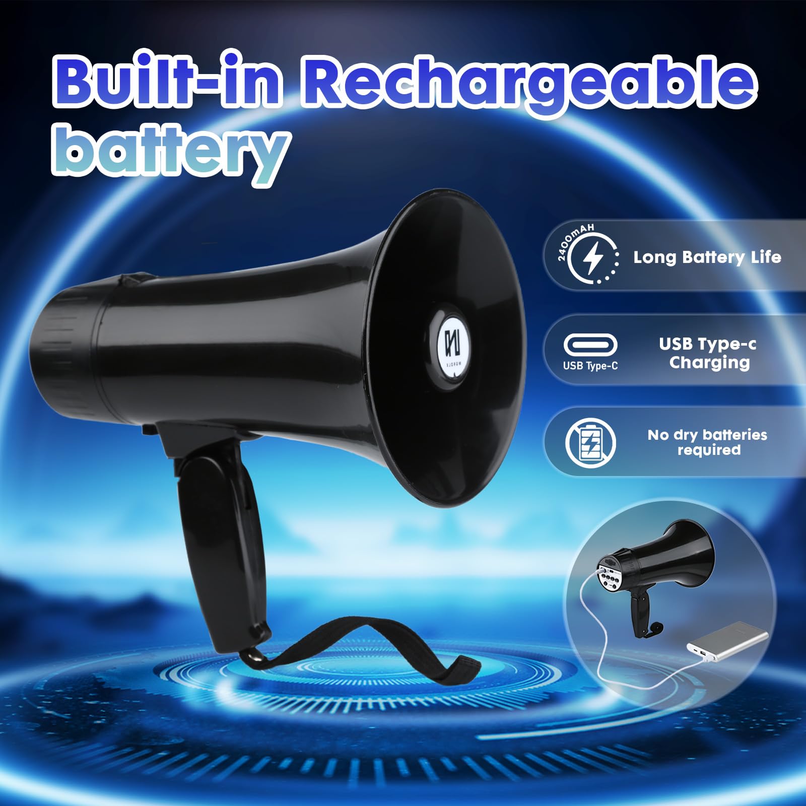 Megáfono recargable 20 W con sirena, grabación 240 s, BT, USB, pantalla y correa portátil (negro)