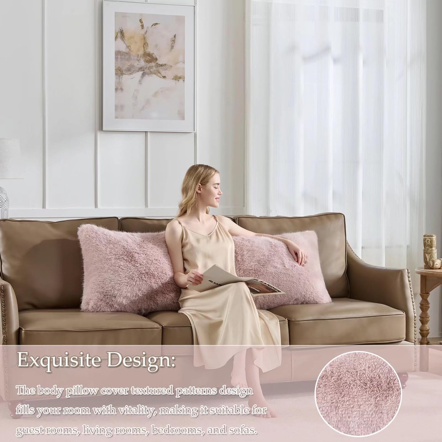 20x54 inch Luxury Fluffy Body Pillow Cover(No Filling),Shaggy Furry Body Pillowcase with Zipper,Soft Decorative Plush Full Long Pillow Cover for Pregnant Women Side Sleeper-Pink