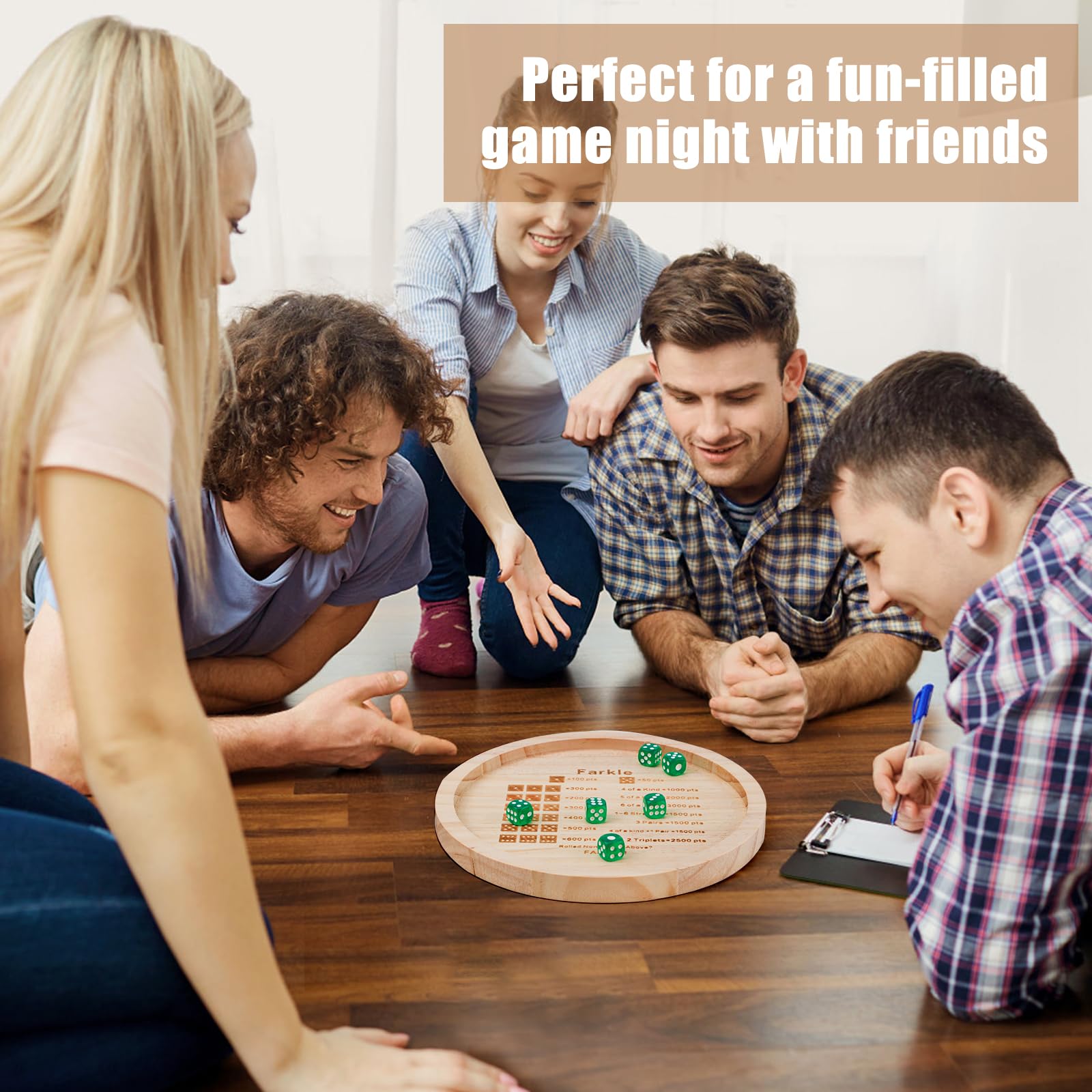 Vassoio per Dadi Farkle NQEUEPN, Vassoio per Dadi in Legno per Gioco Classico Farkle con 6 Dadi, 18,2cm Rotondo, Per Feste in Famiglia e Viaggi