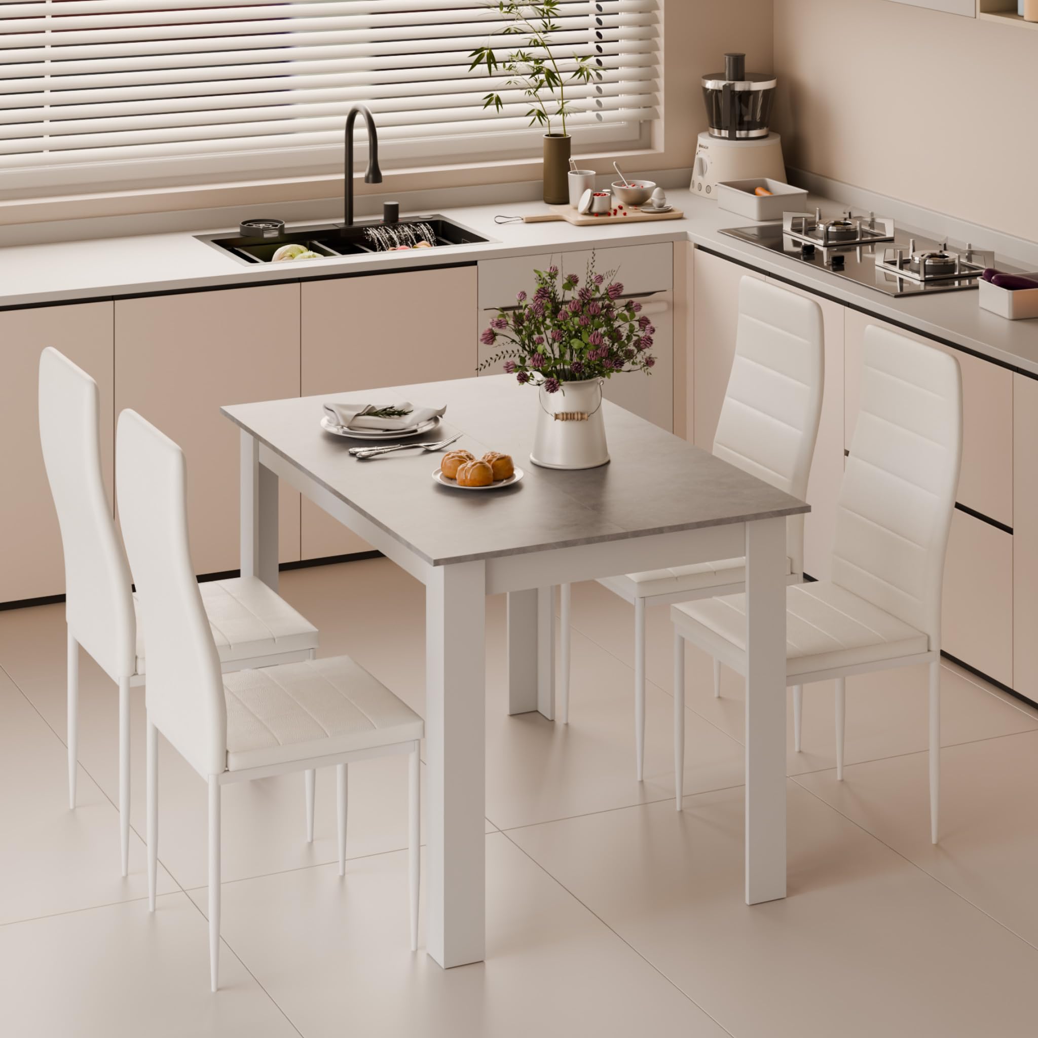 Mondeer Tavolo da pranzo, 120 x 80 cm, moderno, per 4 persone, in legno, rettangolare, per sala da pranzo, cucina, soggiorno, grigio e bianco