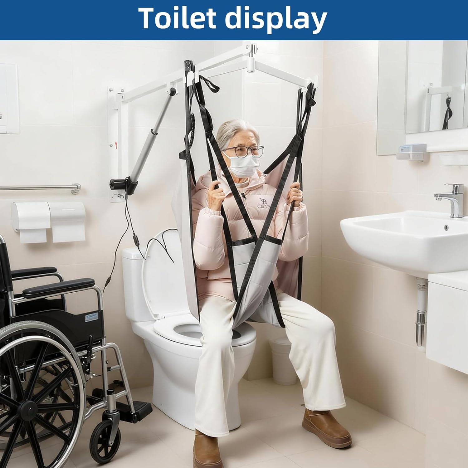 Wall-Mounted Patient Lift with Sling, Portable Electric Transfer Lift for Disabled, Elderly, Handicap, Remote Control, White