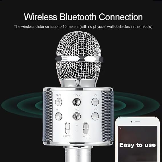 Wireless Bluetooth Karaoke Microphone Portable Handheld Mic Speaker 3-in-1 for All Smartphones Gifts Silver