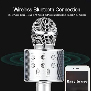 Wireless Bluetooth Karaoke Microphone Portable Handheld Mic Speaker 3-in-1 for All Smartphones Gifts Silver
