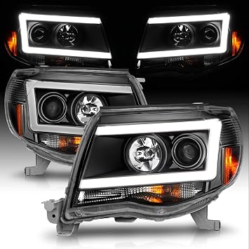 AmeriLite for 2005-2011 Toyota Tacoma C-Type LED Tube Black Projector Replacement Headlights Pair - Passenger and Driver Side