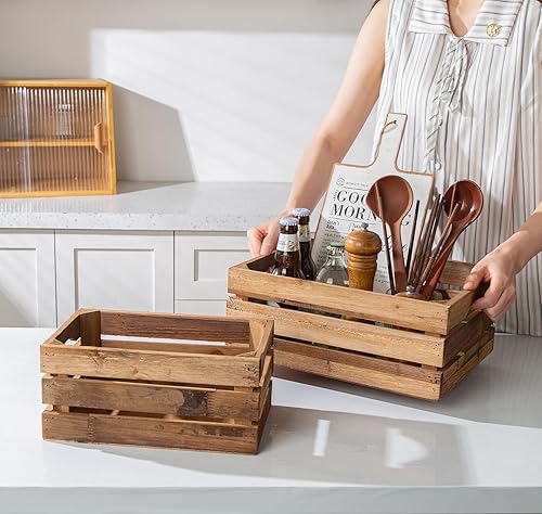 Miniatura 3 de Juego de 3 cajas de madera anidadas, cajas de almacenamiento de madera rústica con asas recortadas, cestas decorativas de madera de granja para