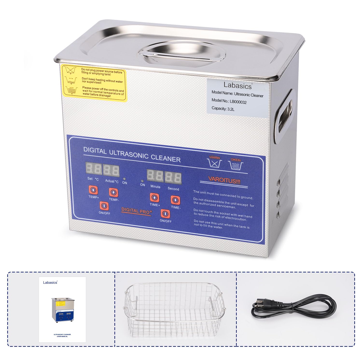 Labasics Ultraschallreiniger, Professioneller Allzweck-Ultraschallreiniger aus Rostfreiem Stahl mit Digitalanzeige-Timer und Wärmesteuerung für Labor 220V, 3.2L