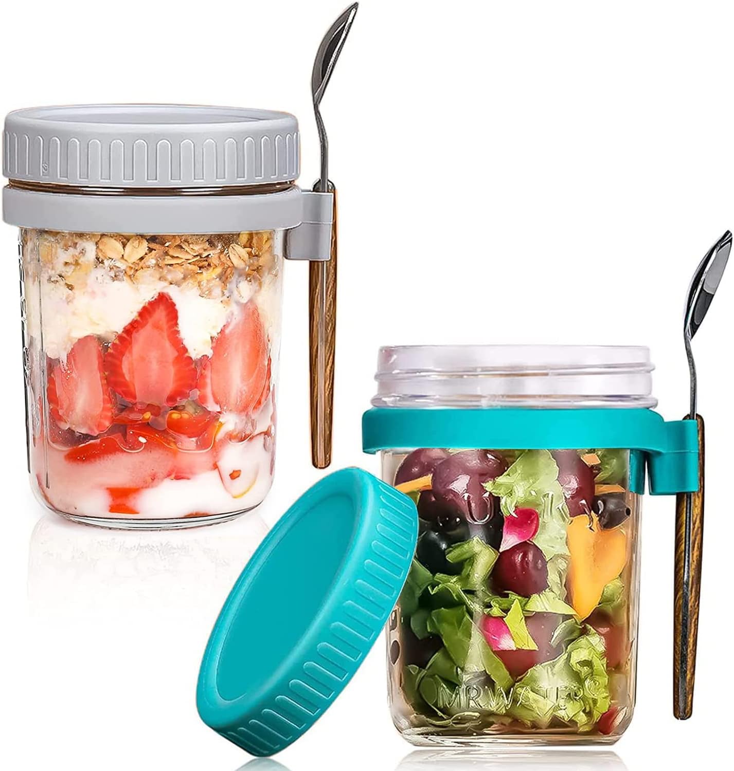 Angju Overnight Oats Jars with Lid and Spoon, 350ml Large Capacity Airtight Oatmeal Container with Measurement Marks, Wide Mouth Portable Mason Jars Breakfast Container for Salads Yogurt Cereal Milk