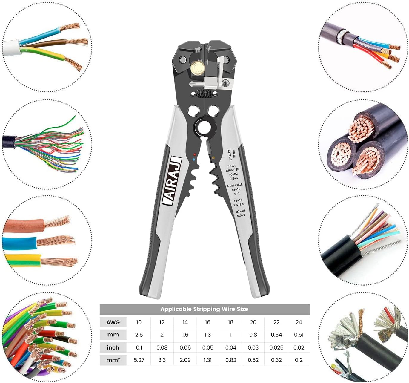 AIRAJ PRO Self Adjusting Wire Stripper,3 in 1 Heavy Duty Wire Cutter Stripper Crimper Tool,Universal Wire Stripping Cutting for 10-24 AWG Wire Cutter for Electrical Cable Cutting,Crimping Tool - 
