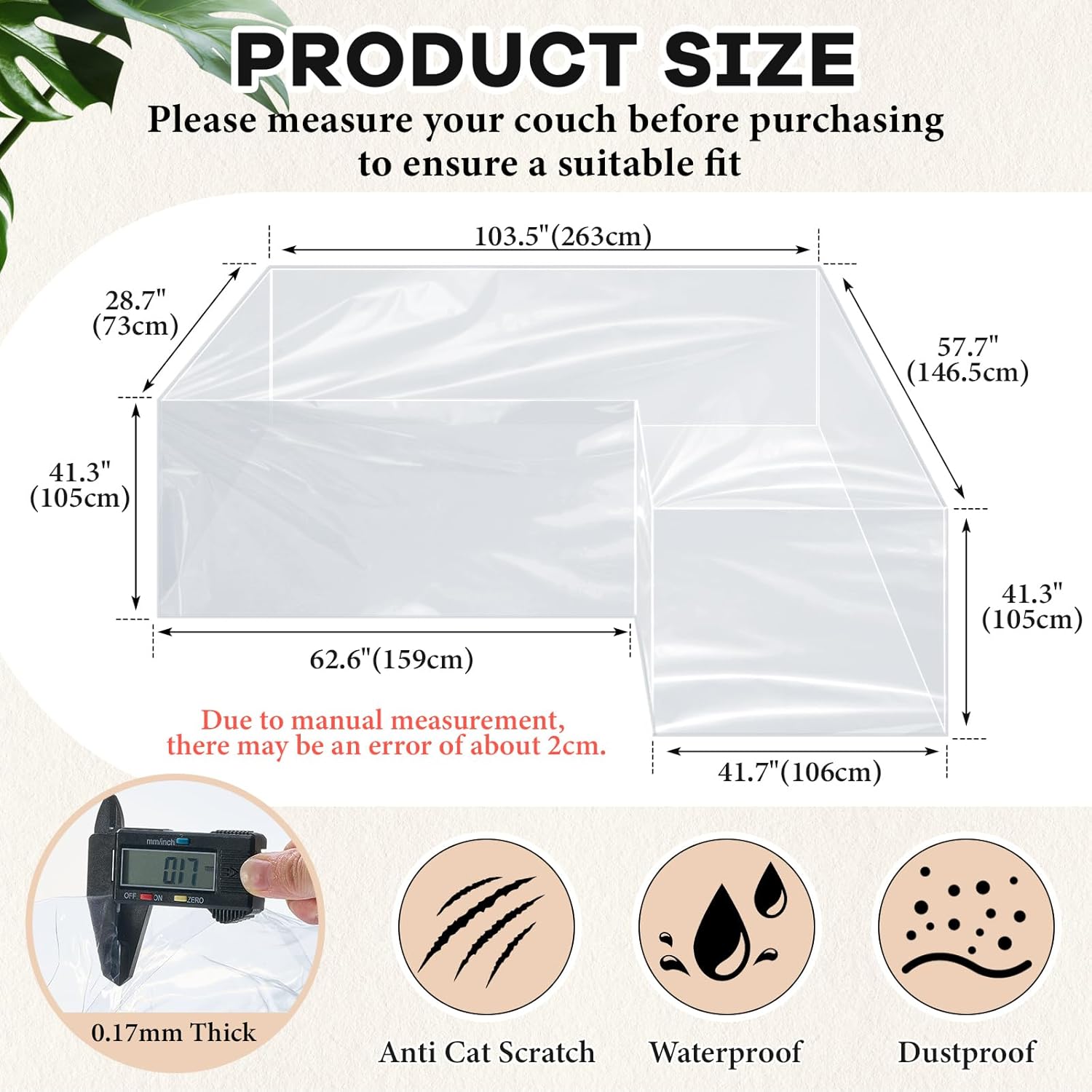 Clear l Shape Couch Cover 106" x 59" x 42" Thick Heavy Duty Waterproof Shield Vinyl Sofa Covers for Sectional Couch Sofa for Pets Prevent Scratch by Dogs Cats, Right 106" x 59" x 42" Right