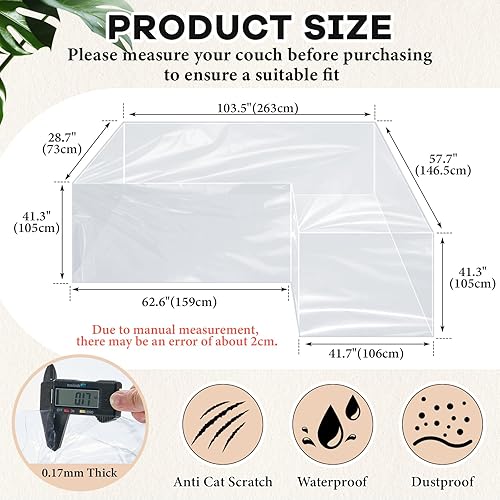 Miniatura 2 de Funda transparente en forma de L de 106 x 59 x 42 pulgadas de grosor, resistente al agua, de vinilo, para sofá seccional, para mascotas, evita
