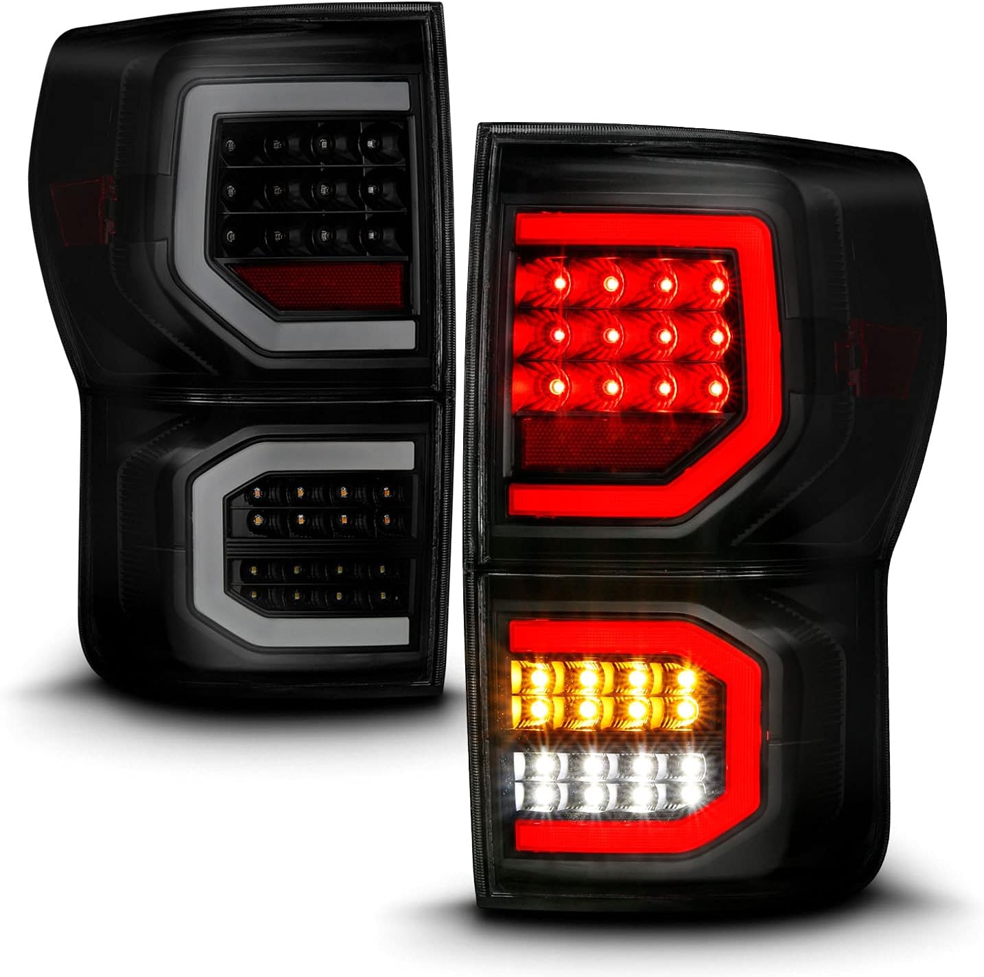 AmeriLite for 2007-2013 Toyota Tundra Pickup Dark Black [Full LED] Dual C-Type Tube Replacement Tail lights Brake Lamp