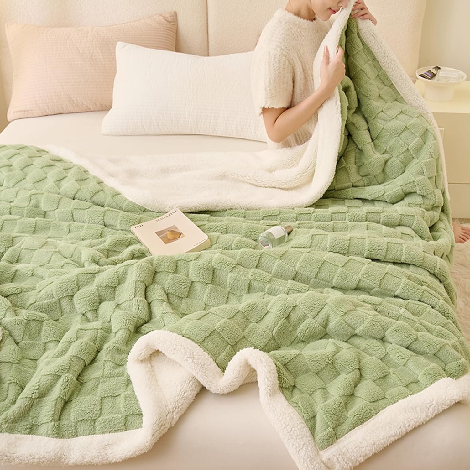 Sherpa Throw Blanket for Couch, Flannel Cozy Soft Thick Blanket for Bed - Fleece, Sage Green, 60x80 Inches - Image 2