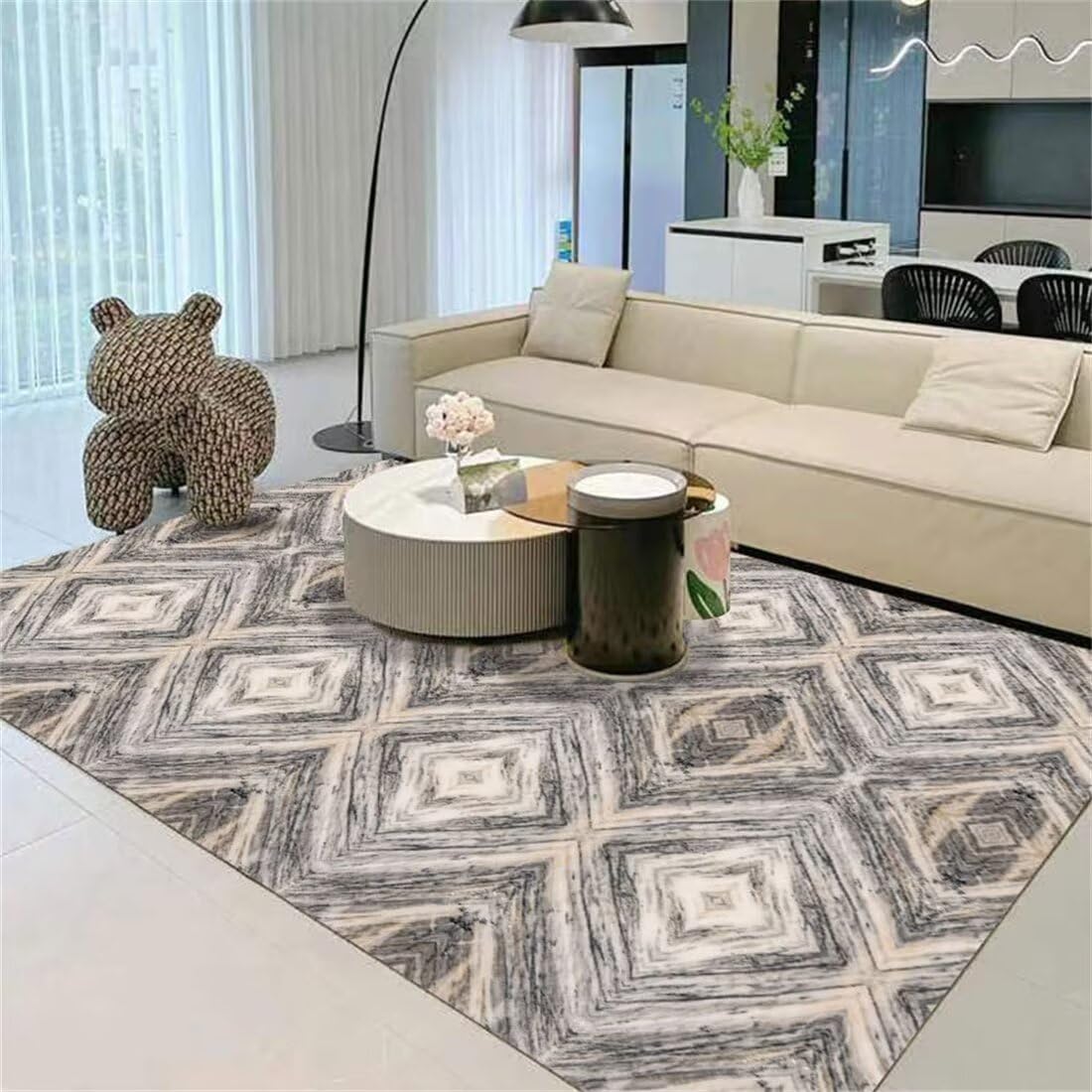Tapis de salon design 130X190CM motif carré flou gris pour chambre enfant