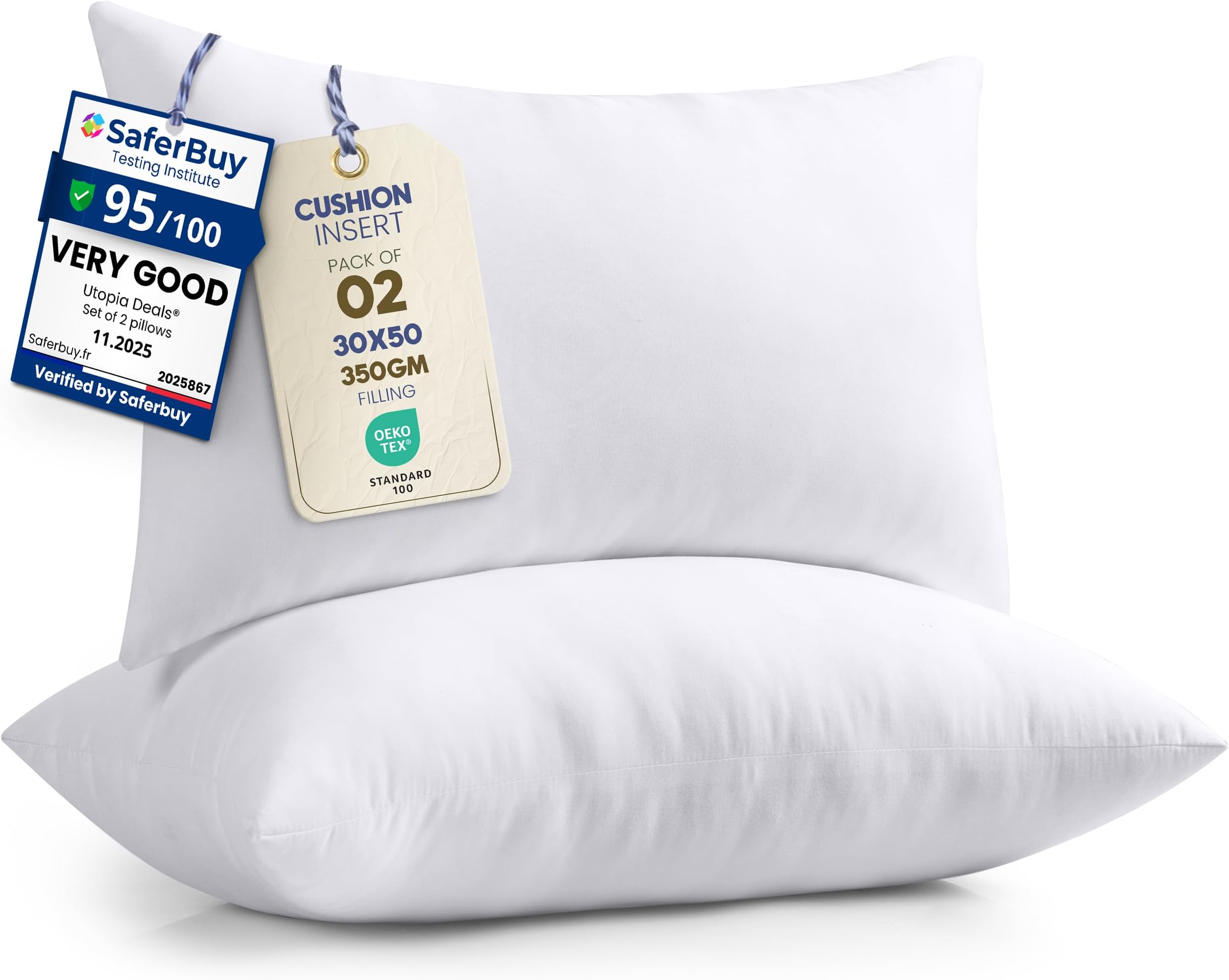 Utopia Bedding Cushion Inserts 30cm x 50cm (12x20 inch) Pack of 2 Hollowfibre Inner Pads for Sofa or Bed – White Cushions Fillers