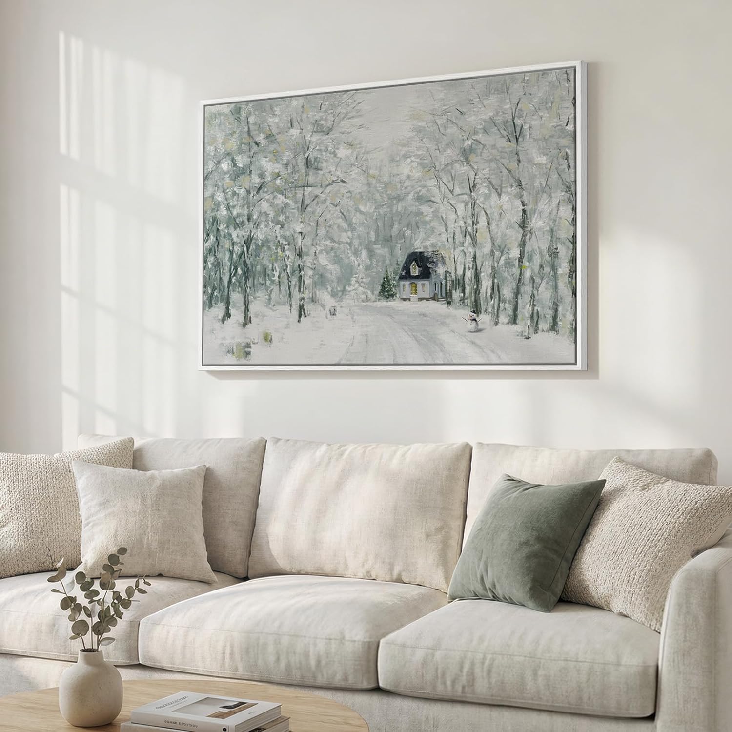 Framed Forest Landscape Wall Art, Modern Cottage Canvas Art Prints, Contemporary Nature House Pictures Wall Decor for Living Room Bedroom Dining Room Hallway Office 24x36 In 36"L x 24"W White and Green landscape