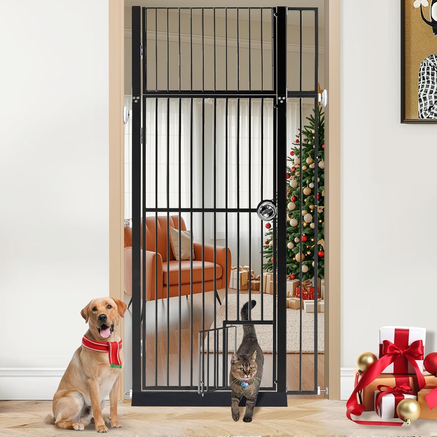 71" Extra Tall Pet Gate Cat Gate with Cat Door, 28.7"~37.5" Extra Wide Pressure Mounted Pet Barrier Auto-Close Safety Pet Gate with Walk Through Door Latch,Black Black Opening 28.7~37.5 Inches Wide