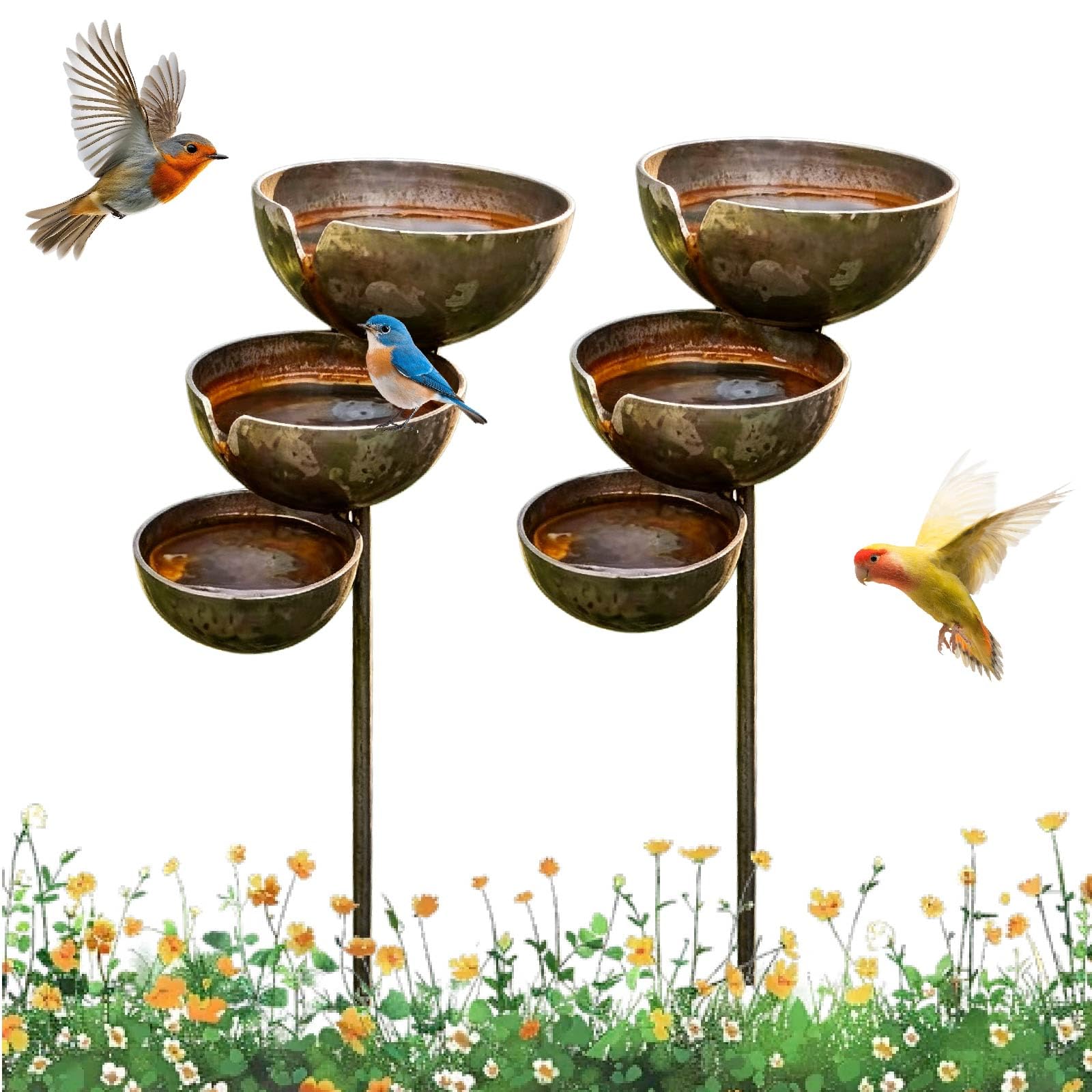 Cascading Rain Catcher Bird Bath for Garden Ornament and Bird Care | Self Filling Rain Catchers Stake, Bronze Metal Water Bowls for Wild Bird, Bee and Wildlife Attraction inside Yards (2PC)