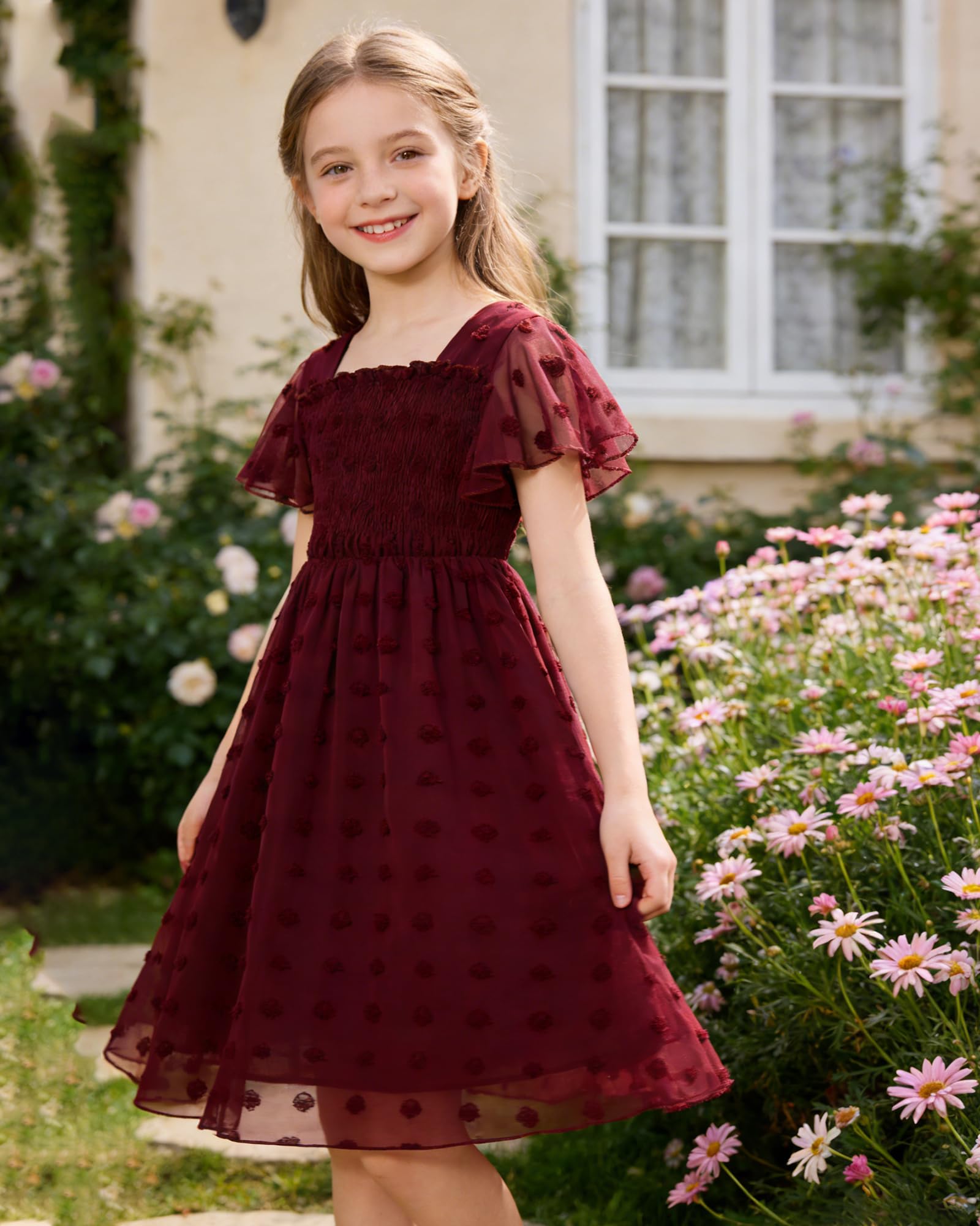 Kids4ever Vestido de gasa para niñas de 6 a 12 años con pompones sólidos y volantes de manga corta para niños con cuello cuadrado