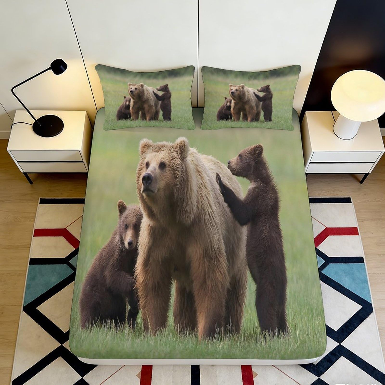 3D Printed Brown Bear Family Fitted Sheet Microfiber Soft Mattress Cover for Bedroom Guest Room Decor Protection 90x200x25cm
