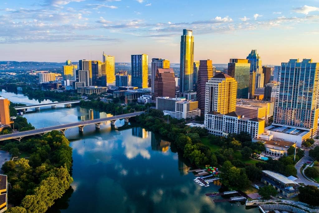 Austin Texas Skyline Tranquil Lady Bird Lake at Sunrise Photo Photograph Cool Wall Art Print Poster 36x24