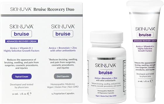 Skinuva Bruise Recovery Duo, Bromelain Supplement and Recovery Cream | Topical Bruise Cream 1 oz, Pre & Post Surgery Pills for Bruising & Swelling, 7-Day Treatment, Arnica, Bromelain & Zinc