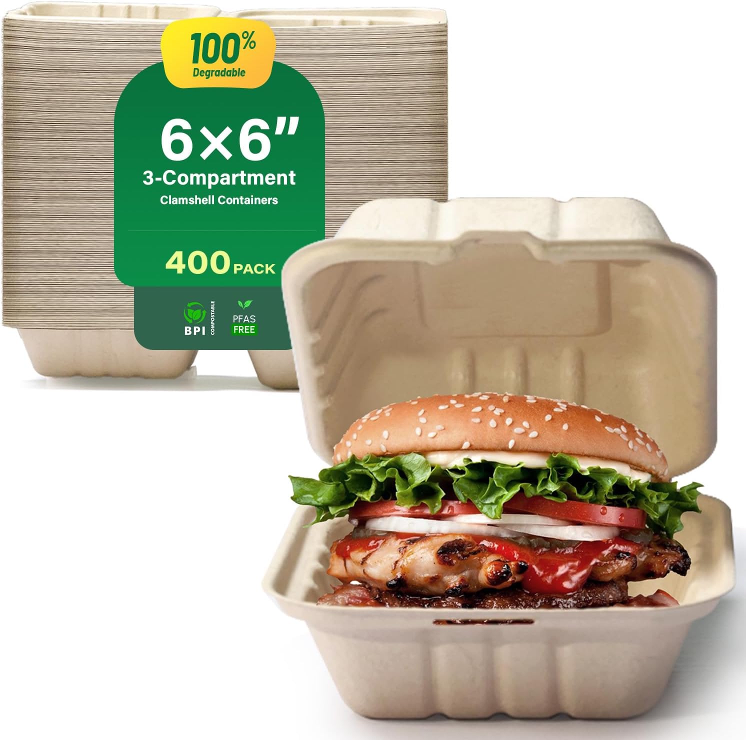 [6X6", 400-Pack] 100% Compostable Clamshell Food Containers for Takeout - Heavy-Duty Quality Assurance Crafted from Natural Disposable Bagasse of Sugar Cane Fibers, Truly Eco-Friendly& Biodegradable.