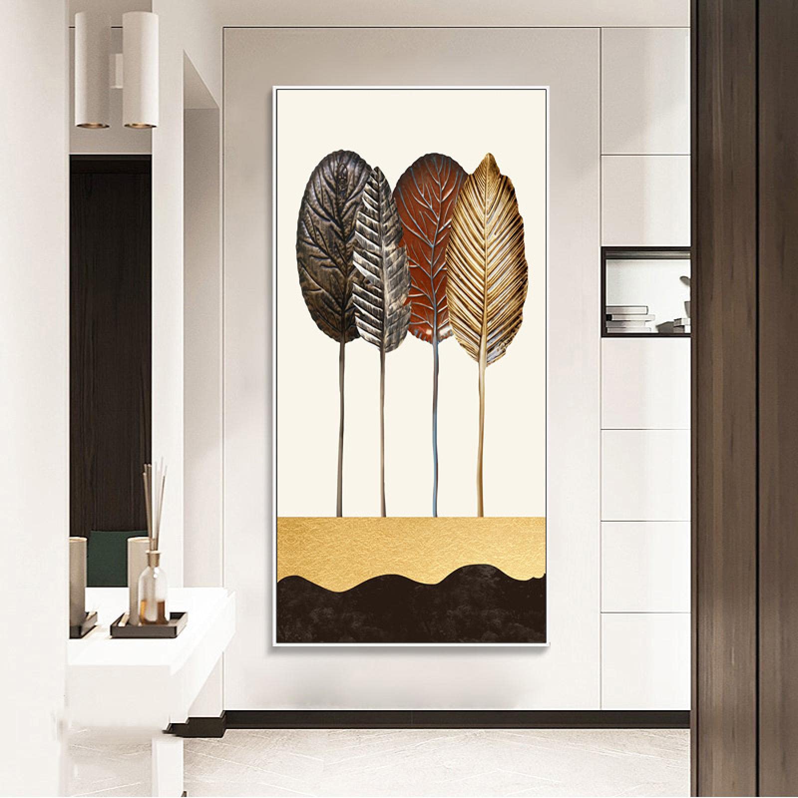 Impresiones en lienzo Carteles de hojas doradas Imágenes artísticas de pared para sala de estar Decoraciones de interior Hogar moderno Pintura de pared nórdica Marco interior de 80x160 cm