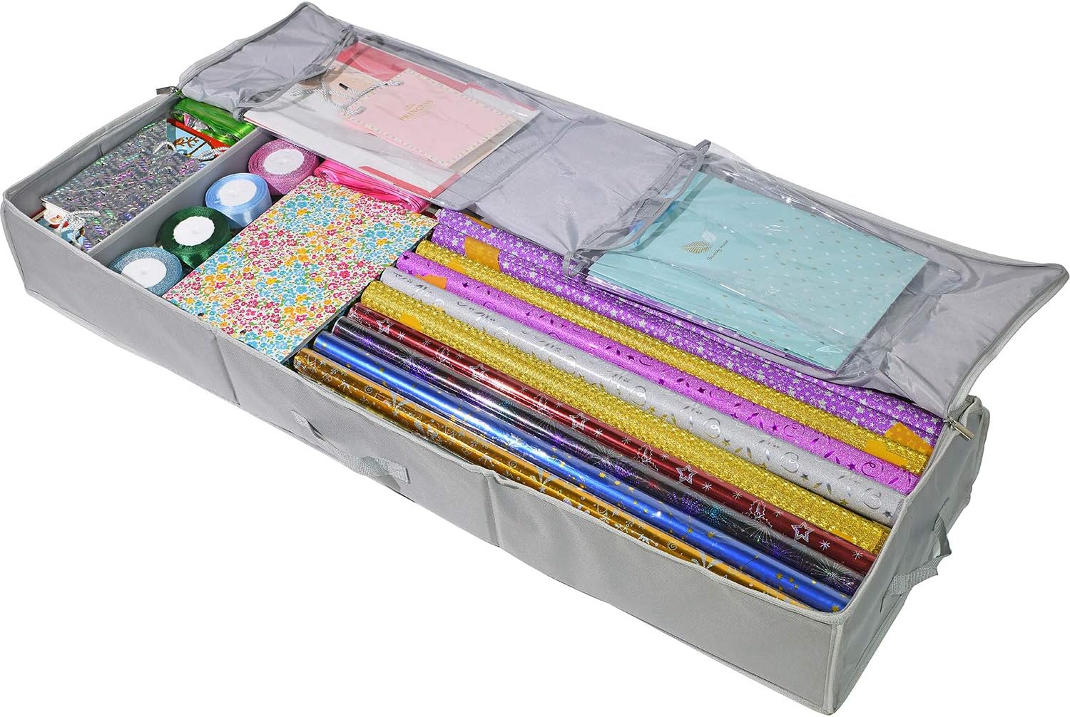Clorso Under Bed Wrapping Paper Storage Container fits 40 & 42 Inch Gift Wrap Rolls - Gift Wrap Storage Box - Large Wrapping Paper Containers with 2 Large Inner Pockets (Gray)