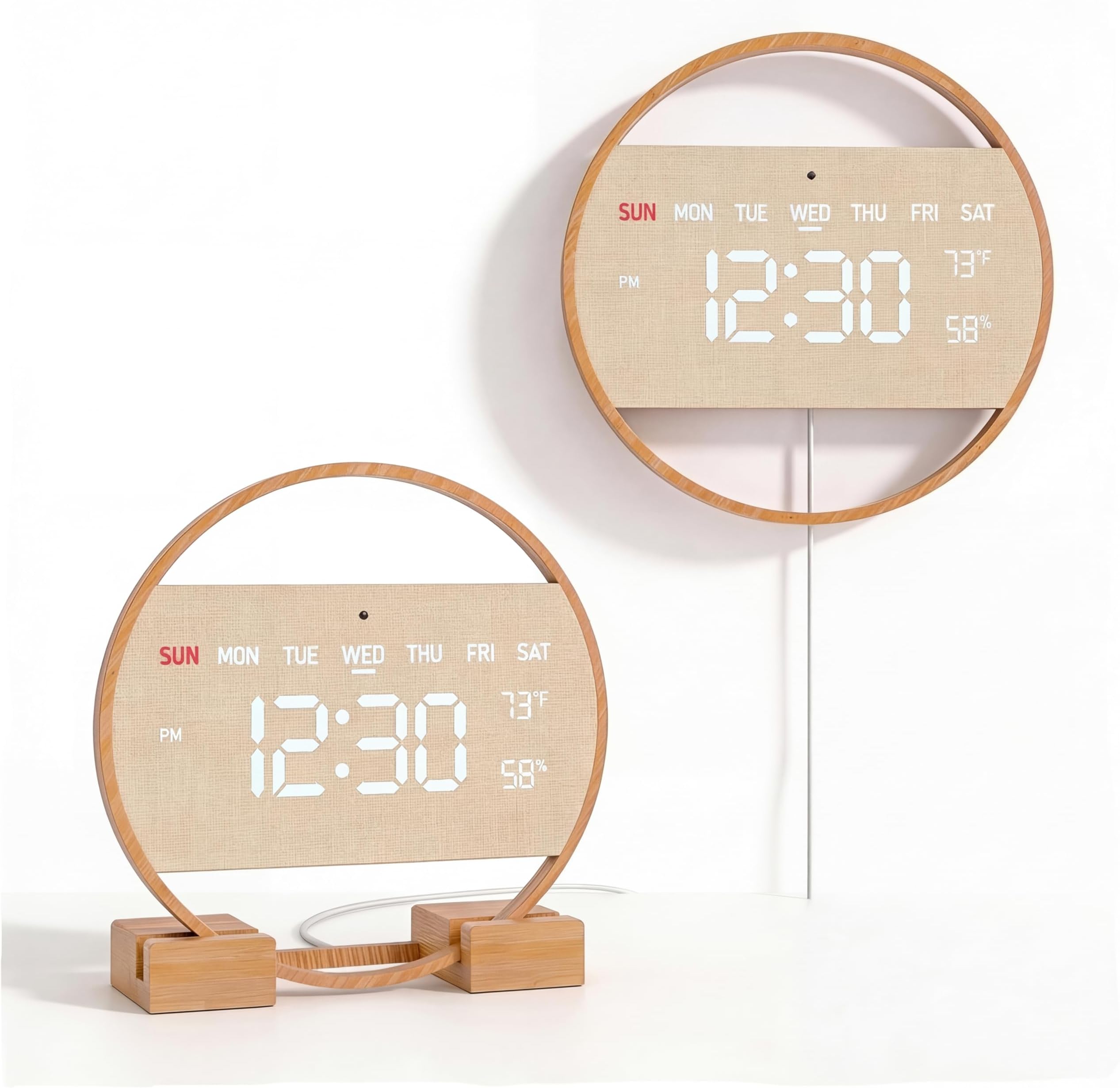 Driini Large Digital Wall Clock -Round Digital Bamboo Wooden Wall Clock with Large Display - LED Wall Clock - Auto-Dimming – Plug in USB with Temperature & Humidity – Large Wall Clock for Living Room.