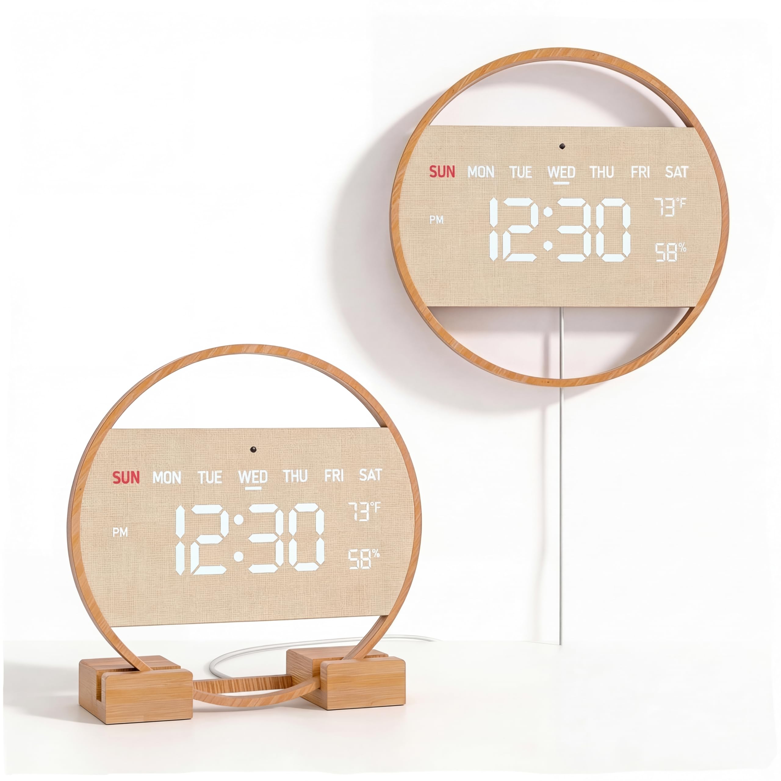 Driini Moderno reloj de pared digital LED, madera de bambú con pantalla de números grandes, día de la semana, hora, temperatura y humedad, decoración estética bohemia para sala de estar o dormitorio,