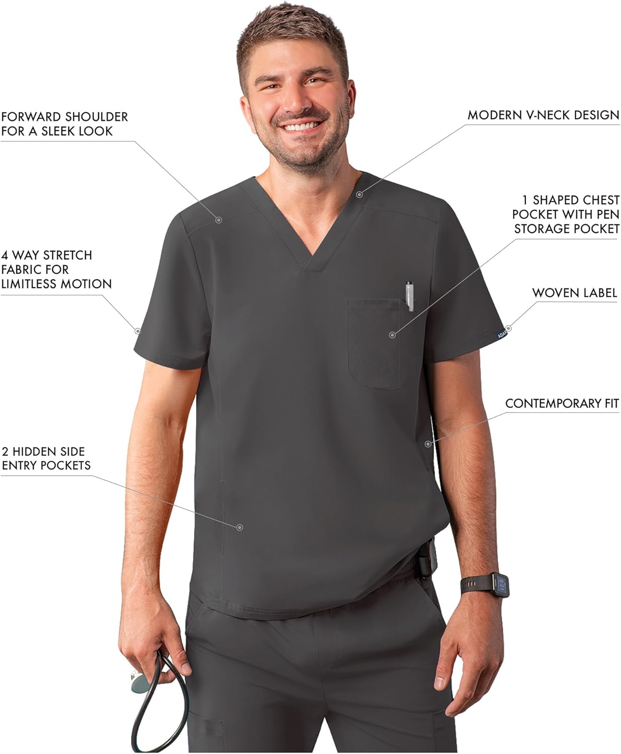 Adar Addition Scrubs for Men - Modern Multi Pocket V-Neck Scrub Top