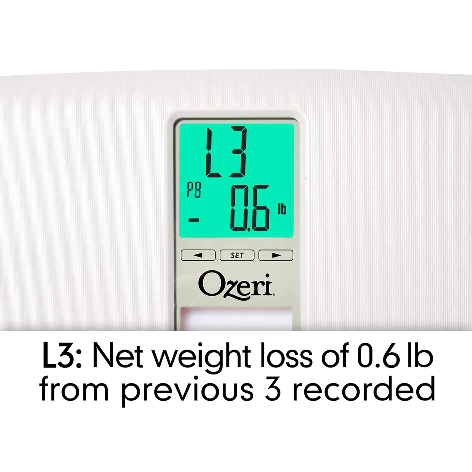 Close-up of Ozeri WeightMaster II display showing L3 with green illumination and a negative weight change