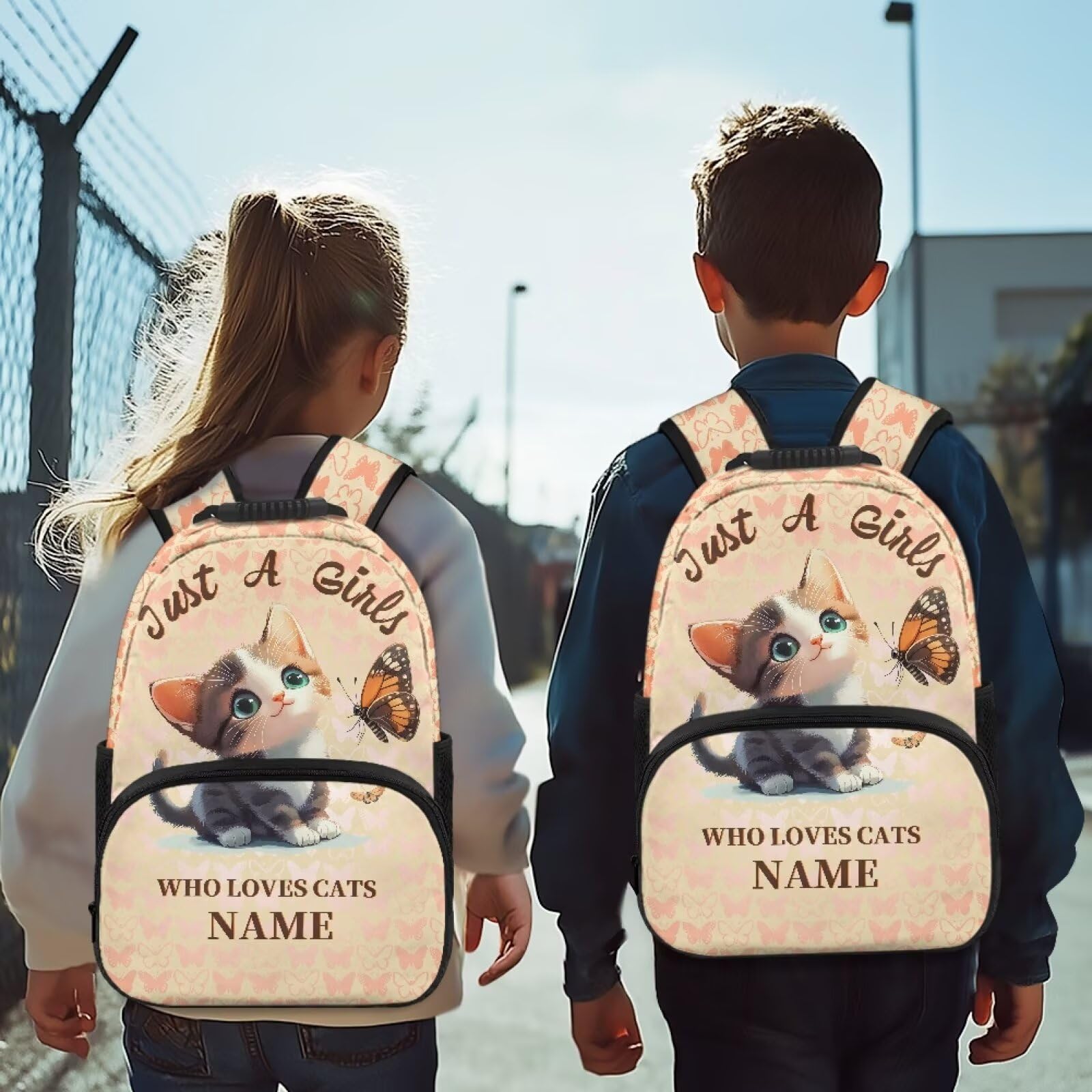 COEQINE Mochila personalizada para niñas para la escuela, mochila de 15 pulgadas para niños, mochila escolar preescolar para niñas pequeñas a las que les gusta el gato con nombre, mochila de viaje