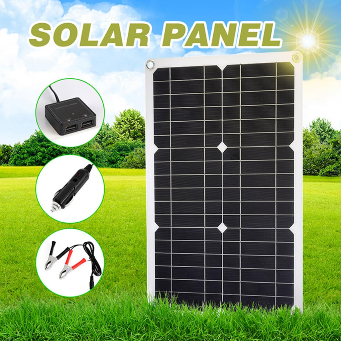 MAGICLULU Panel Solar Flexible Kit de Paneles Solares 20w 18v 20v 1.1a 0.9a, 1 Juego, Negro, con Clip de Batería, USB 5v Dc5521 18v, para Camping y Automóviles, Portátil y Ligero