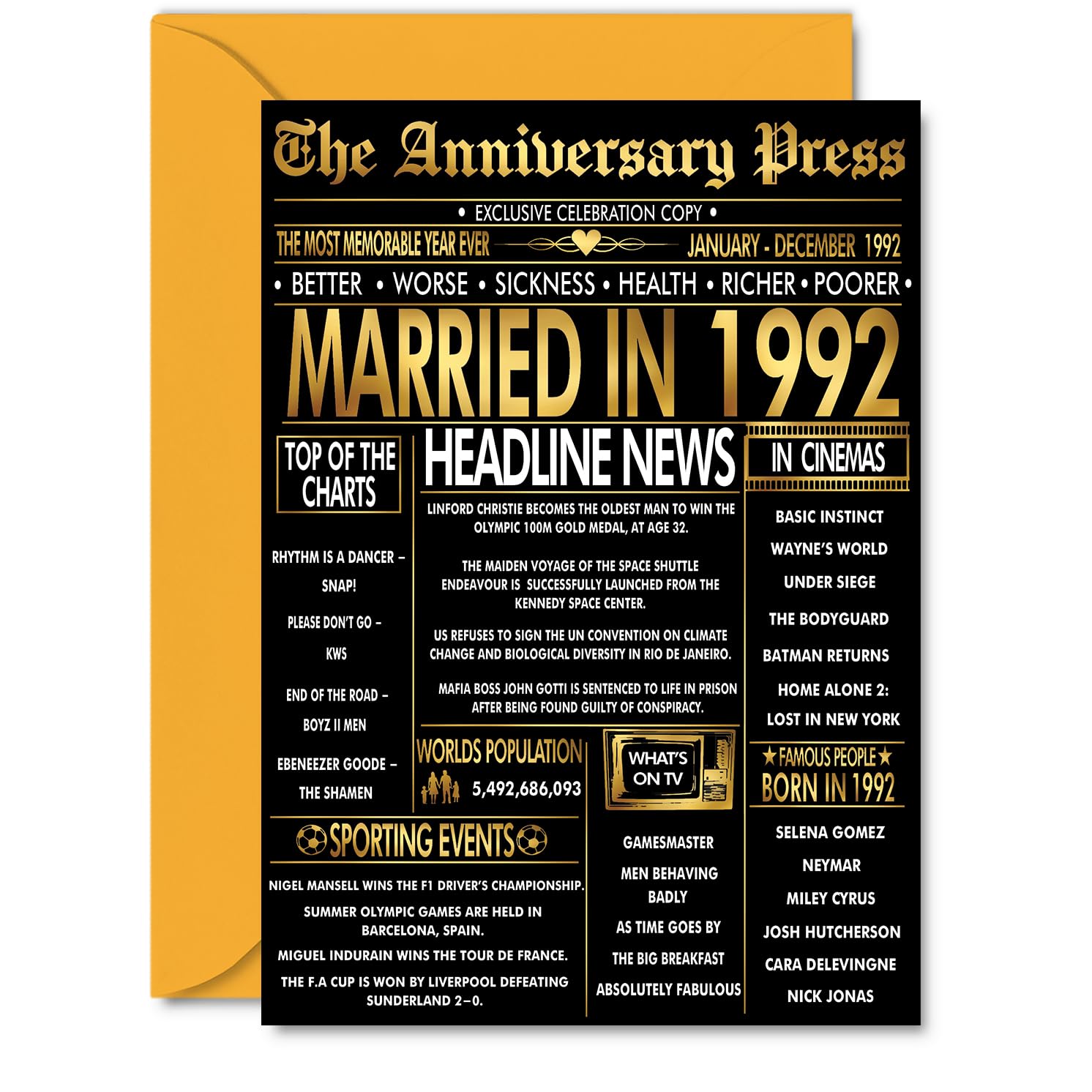 Gold 34th Anniversary Card for Men Women - Golden Newspaper Married in 1992-34 Year Wedding Anniversary Card for Companion Husband Partner Wife, A5 Anniversaries Greeting Cards
