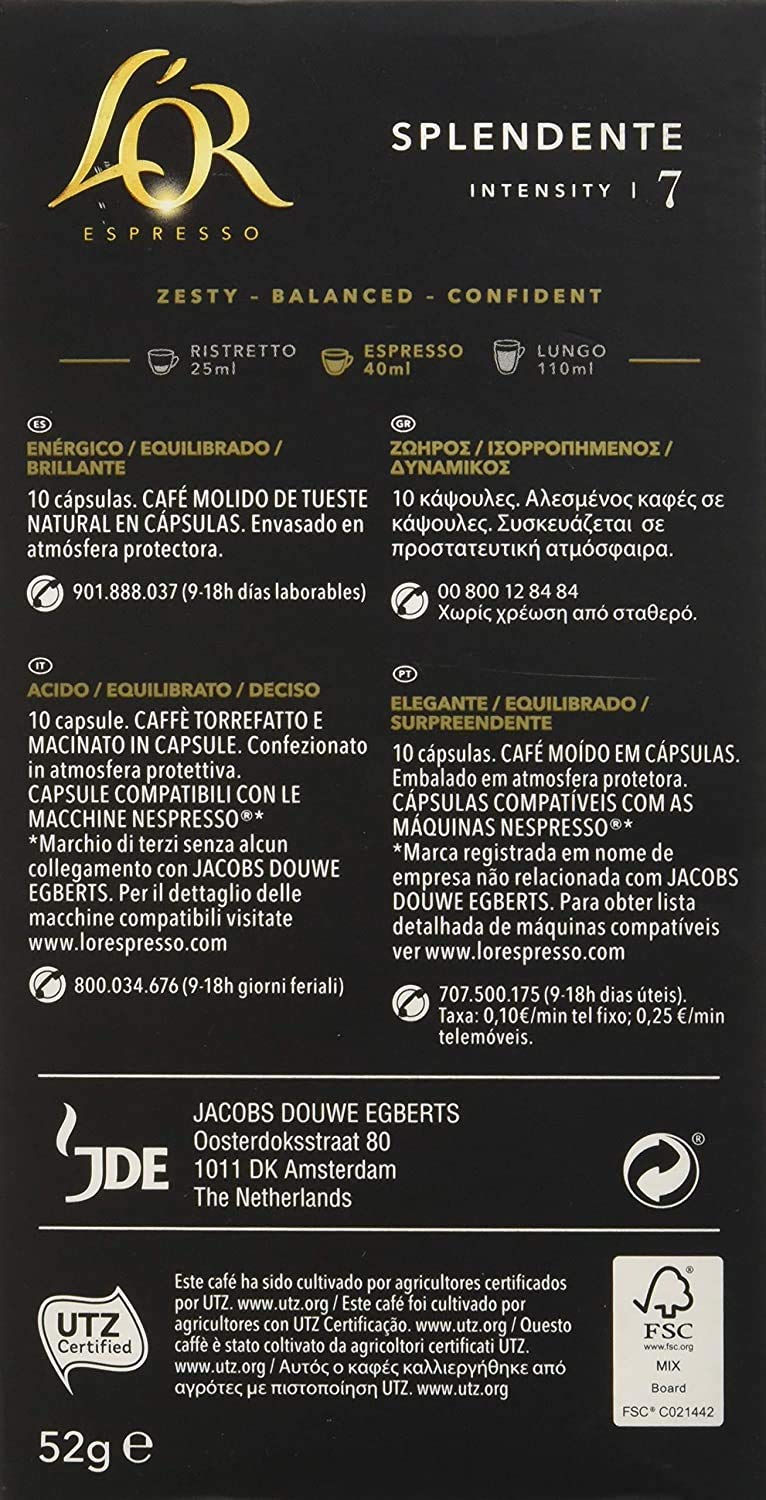 L'OR Espresso- Splendente intensidad 7 - 100 cápsulas de aluminio compatibles con máquinas Nespresso