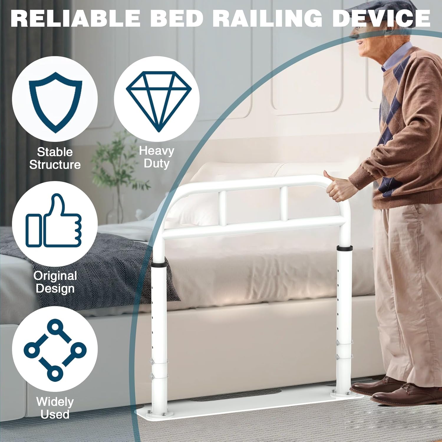 Bed Rail for Elderly Adults Safety, Heavy Duty Bed Rail with 6 Adjutsable Heights, Bed Assist Rail for Seniors, Twin, Queen, King Size Bed (400 LBS Loading, White)